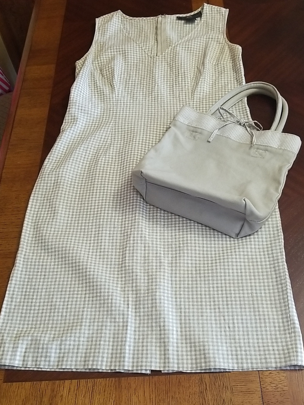 British Khaki Beige Gingham Dress With Matching Purse- Size 4